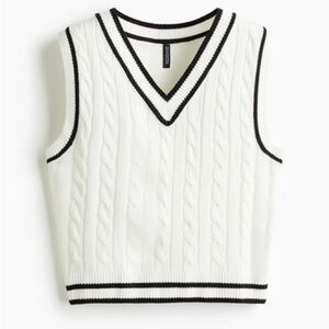 H&M White Cable Knit Vest with Navy Trim